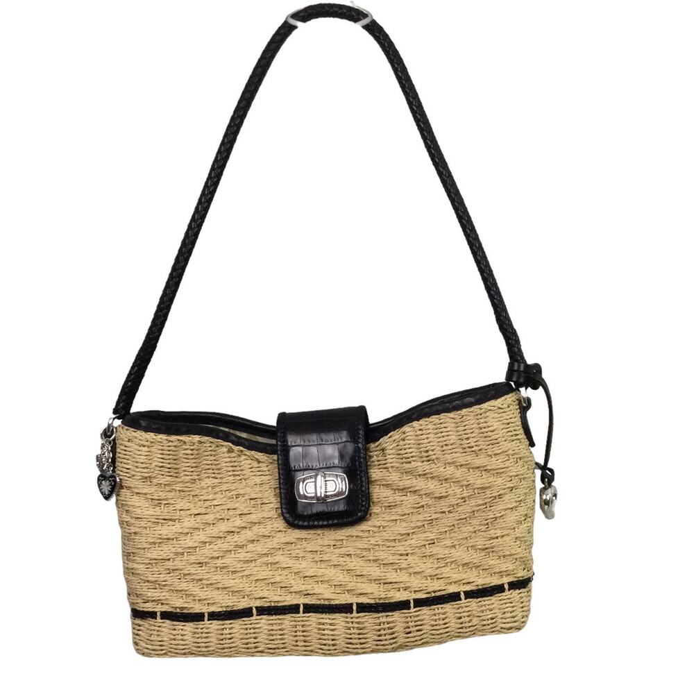 Brighton Cottagecore Cream Woven Straw Black Leather Braided Handle Baguette